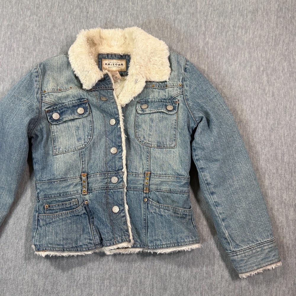 Arizona Jacket‎ Girls 14 Blue Denim Faux Fur Lined Sherpa Trucker Winter Coat